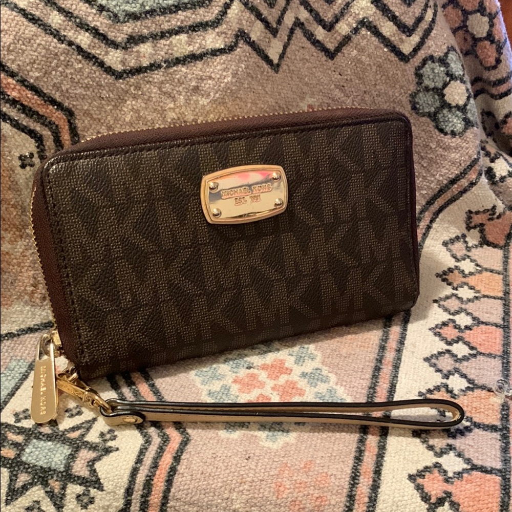 Michael Kors Dark Brown Wristlet with Gold Accents